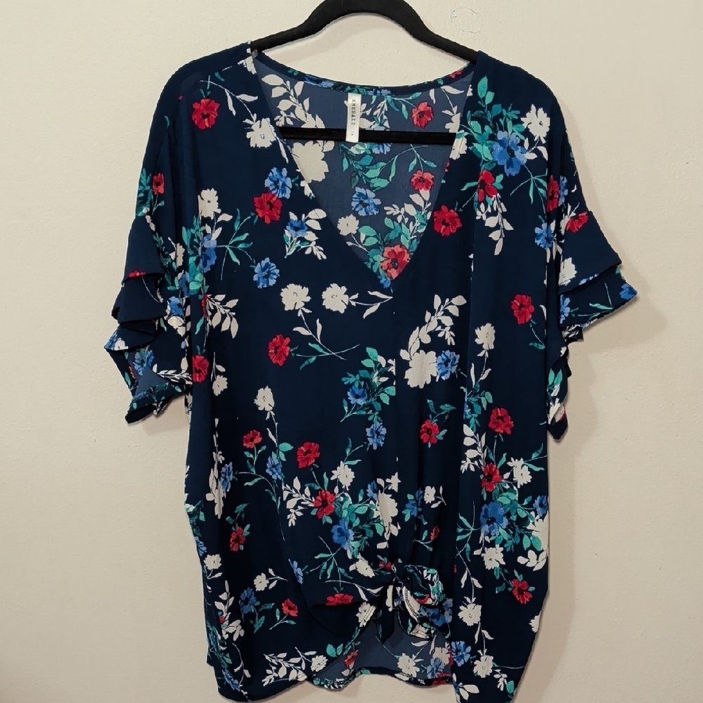 Emerald Floral Tie Front Blouse Blue Red White Ruffle Sleeves Women's Size 2X